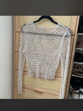 Y2K White Beaded Mesh Long-Sleeve Top